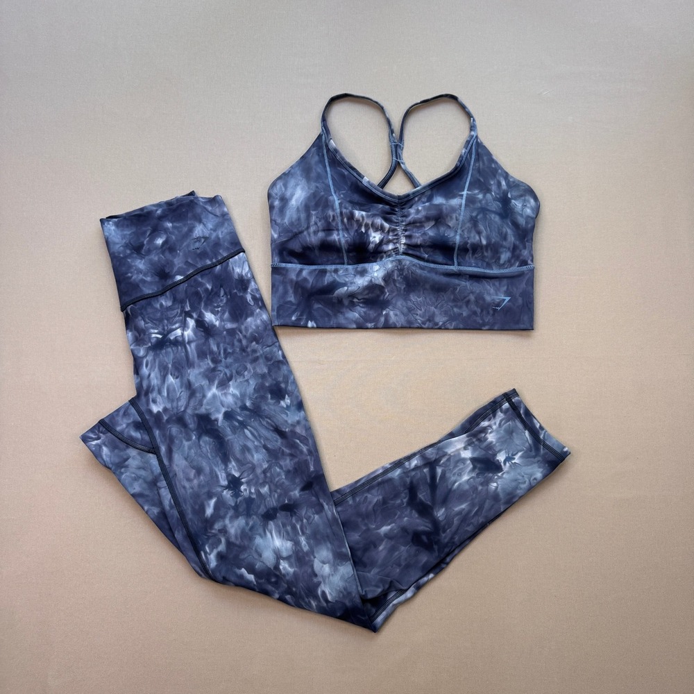 Gymshark Elevate Blue Black Spray dye Pattern Sports Bra and Leggings Set M